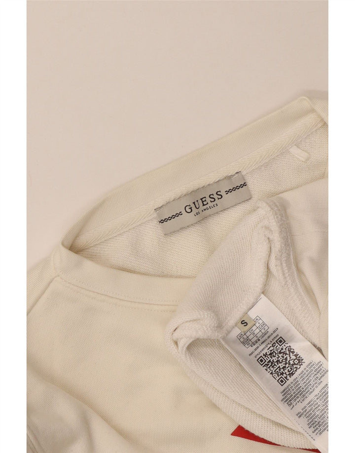 Damska bluza Guess Crop Graphic Jumper UK 10, mała w kolorze złamanej bieli, poliamid
