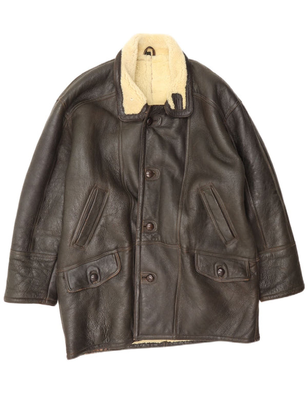 Męska kurtka shearling w stylu vintage, rozmiar 52 XL, brązowa