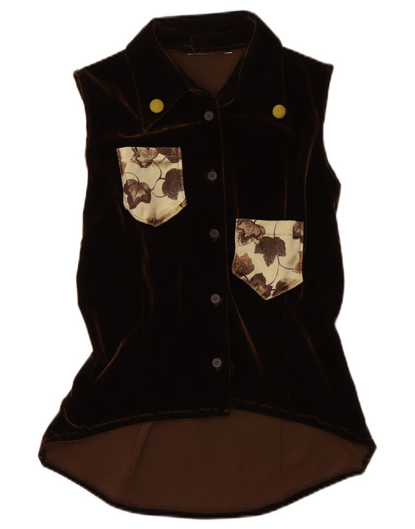 VINTAGE Damska welurowa bluzka koszulowa bez rękawów UK 12 Średni brąz w kwiaty