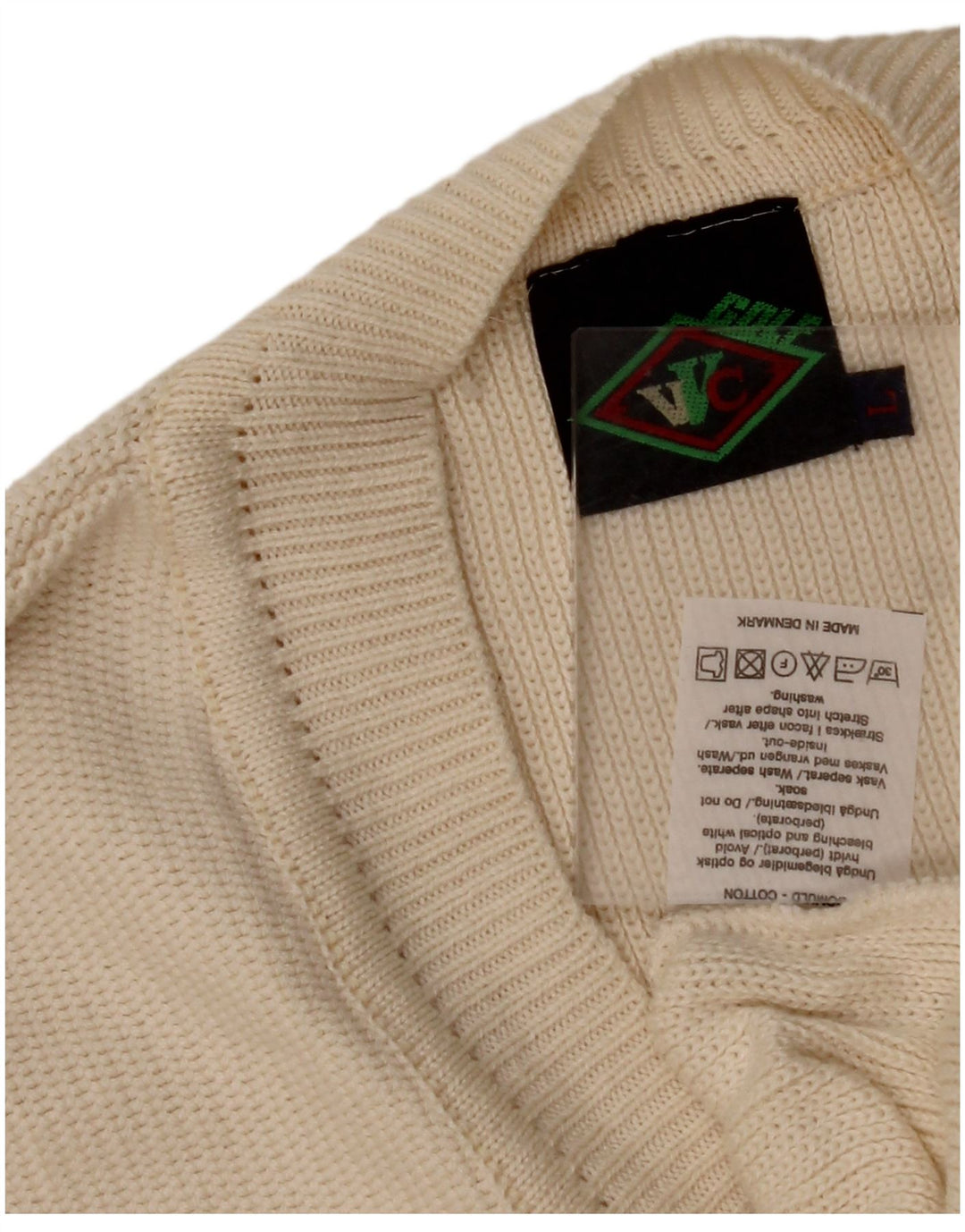 Męski sweter VINTAGE z dekoltem w szpic, duży, beżowy, bawełniany