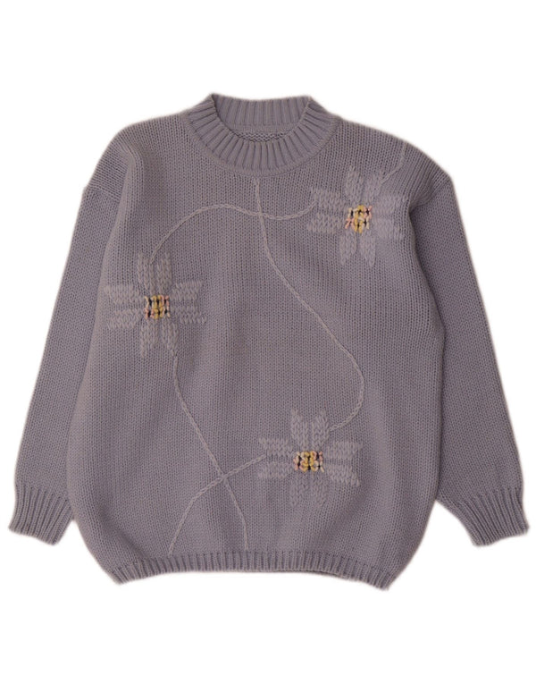 Sweter damski w stylu vintage z golfem UK 14 Średni niebieski z wełną w kwiaty