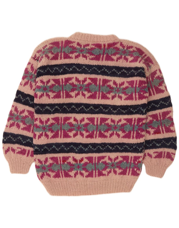 Sweter damski w stylu vintage z okrągłym dekoltem UK 16, duży, różowy, wełniany Fair Isle