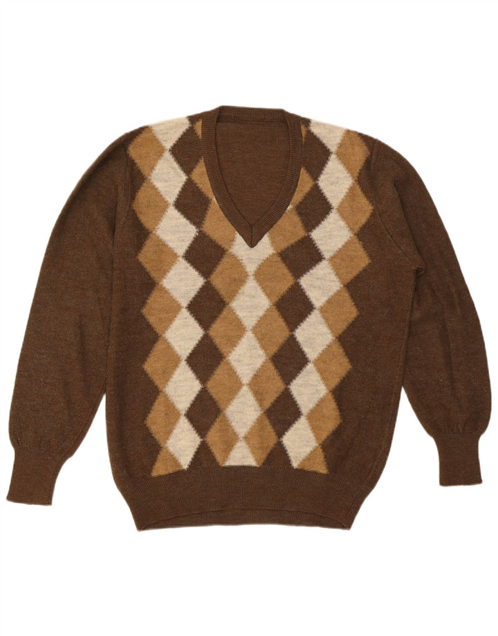 Vintage męski sweter z dekoltem w szpic, duży brązowy Argyle/diament
