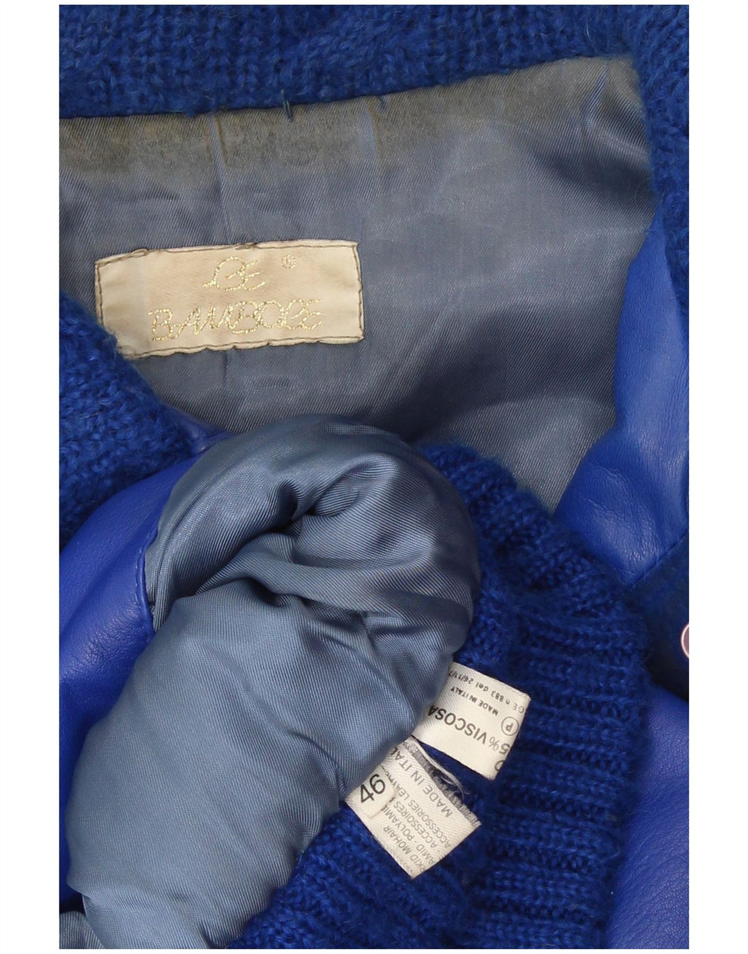 Vintage damska kurtka skórzana IT 46, duża niebieska moherowa