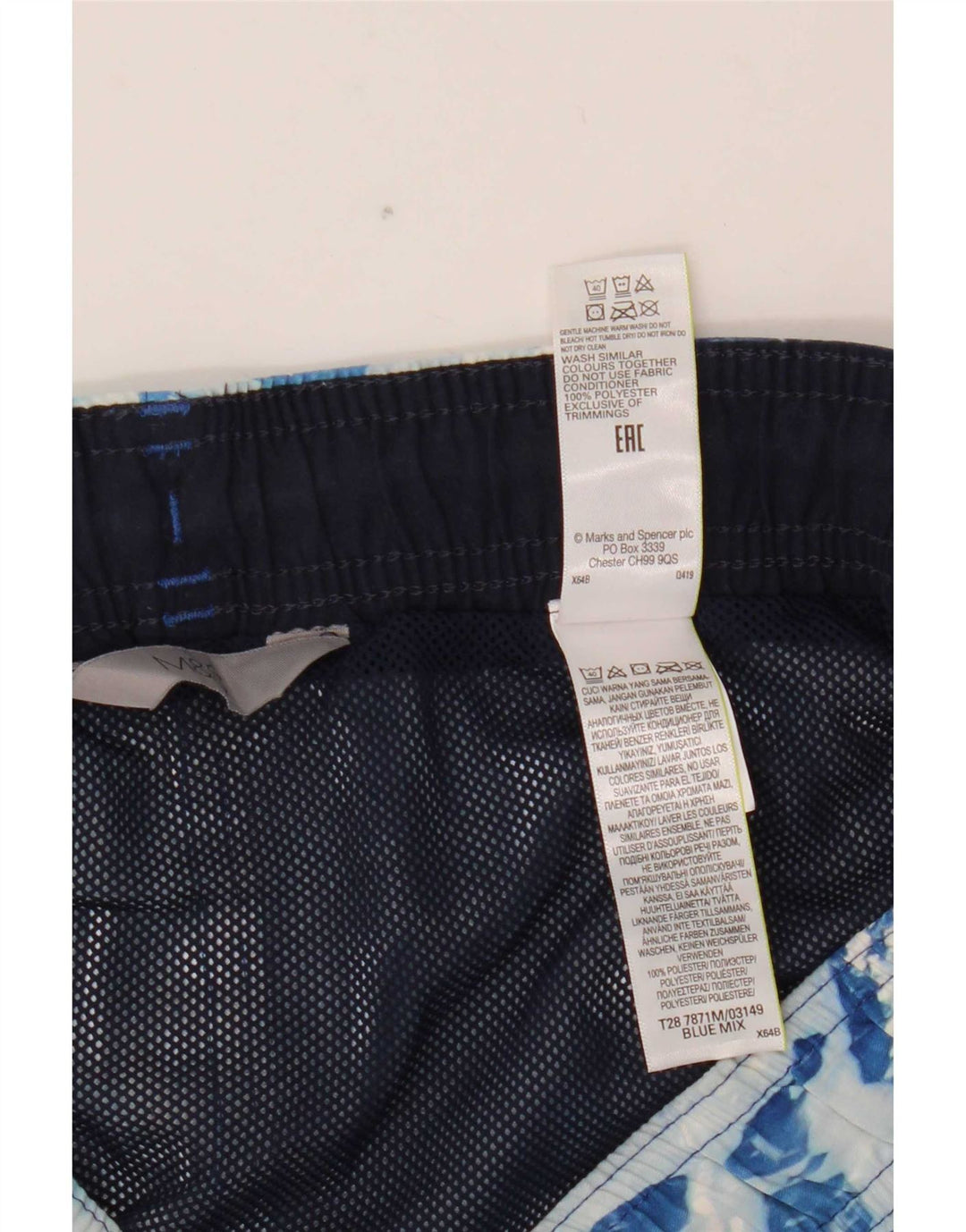 Marks & Spencer Męskie spodenki kąpielowe z abstrakcyjnym wzorem, duże, niebieskie, poliestrowe
