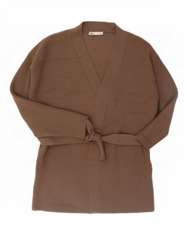 Damski sweter o przedłużonym fasonie Zara UK 16, duży, brązowy akryl