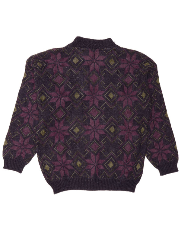 Sweter damski w stylu vintage z golfem UK 16, duży, fioletowy, kwiatowy, wełniany