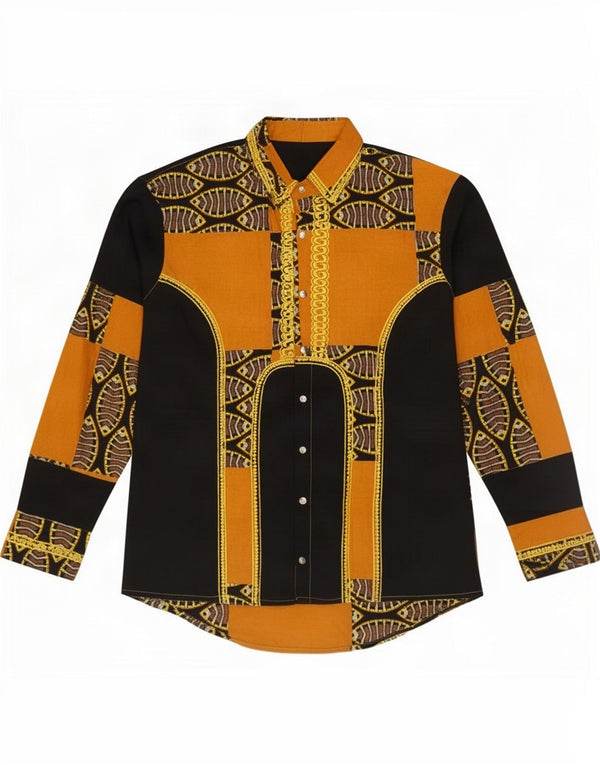 Koszula męska w stylu vintage, średni żółty patchwork