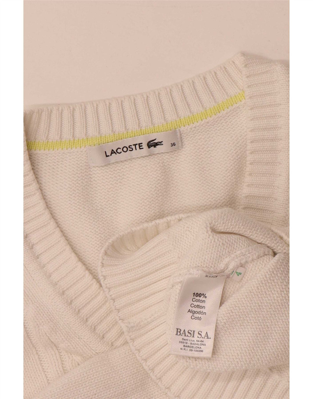 Lacoste Damski sweter z dekoltem w kształcie litery V, rozmiar 36, mały, biały, bawełniany