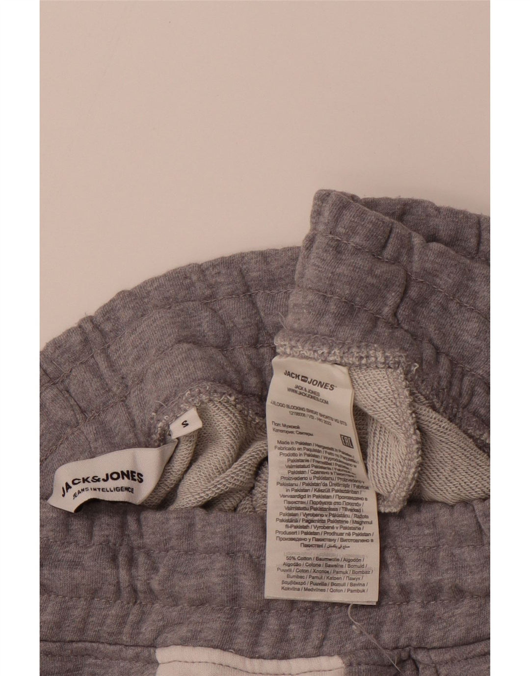 Męskie spodenki sportowe JACK & JONES z grafiką, małe, szare, bawełniane z blokami kolorów