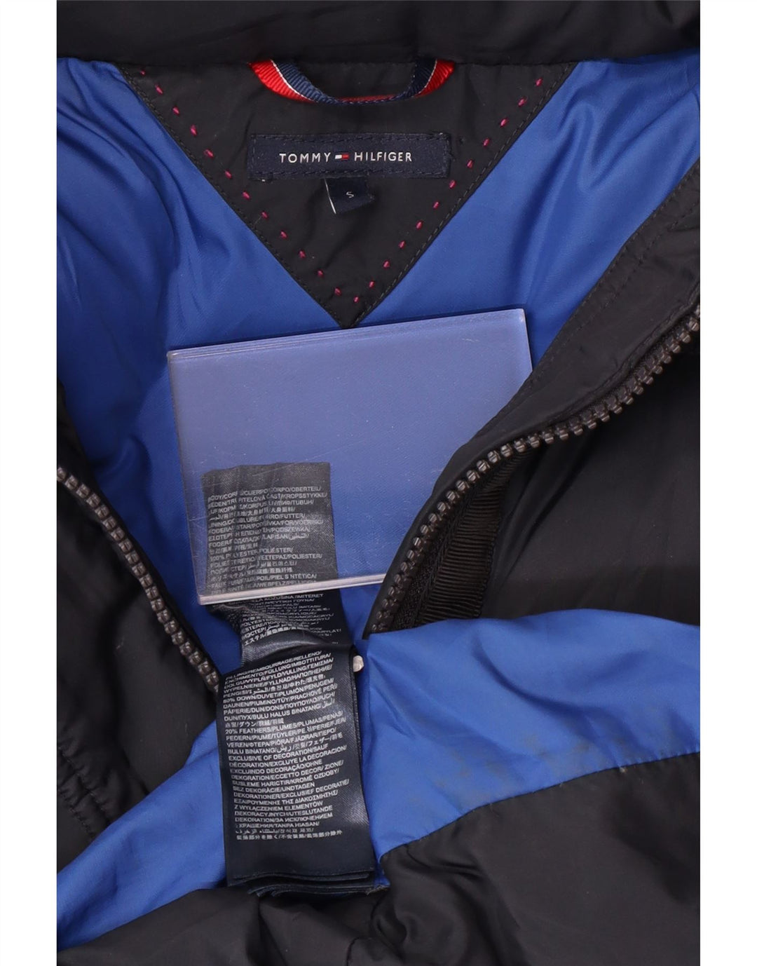 Damski ocieplany płaszcz z kapturem TOMMY HILFIGER UK 10, mały, granatowy, poliester