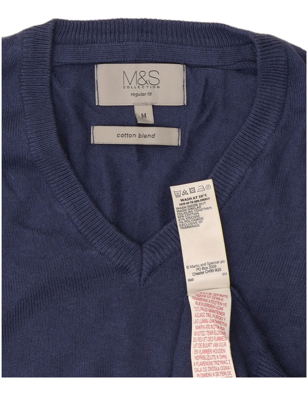 Męski sweter Marks & Spencer o regularnym kroju z dekoltem w kształcie litery V, średni granatowy