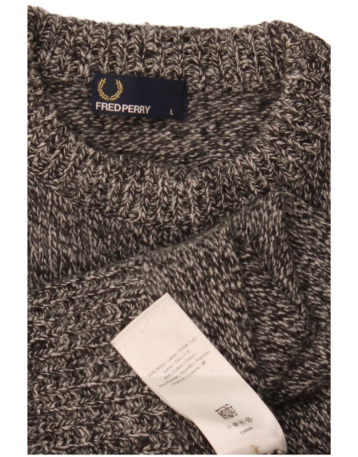 Męski sweter Fred Perry z okrągłym dekoltem, duży, szary, wełniany w cętki