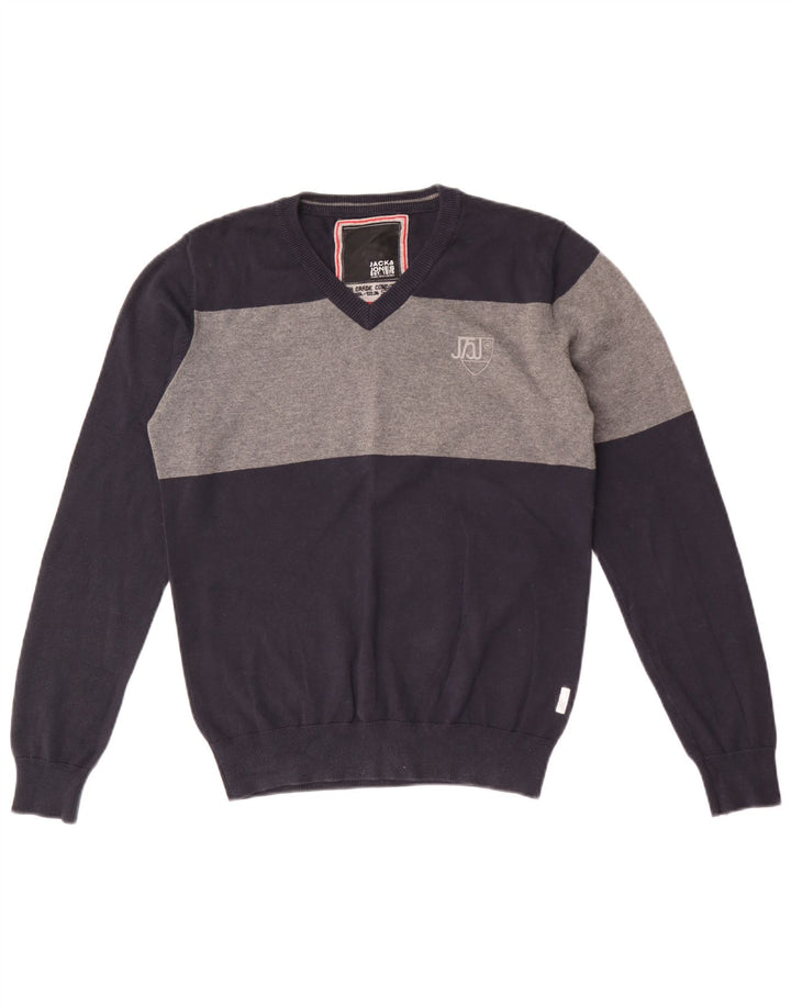 Męski sweter Jack & Jones z dekoltem w kształcie litery V. Średni granatowy, bawełniany blok kolorów