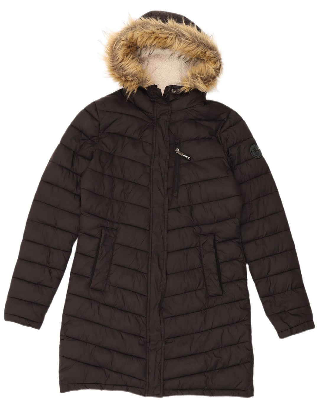 Damski ocieplany płaszcz z kapturem Superdry UK 12, średni czarny nylon