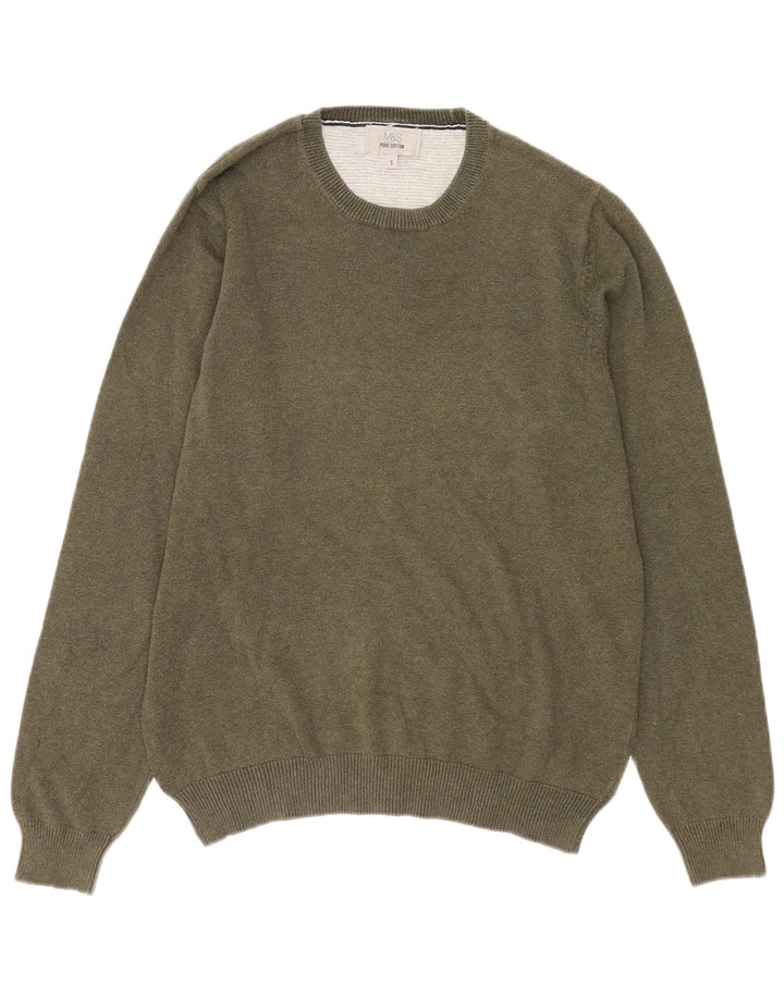 Marks & Spencer Męski sweter z okrągłym dekoltem, mały, bawełniany khaki
