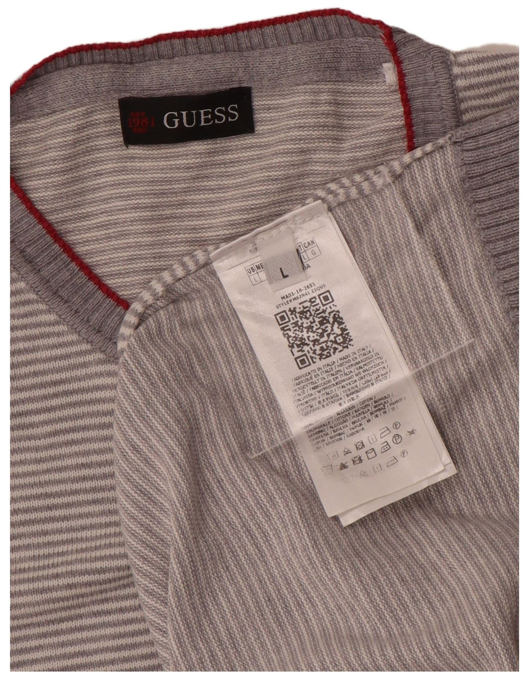 Guess Męski sweter z okrągłym dekoltem, duży, szary, bawełniany w paski