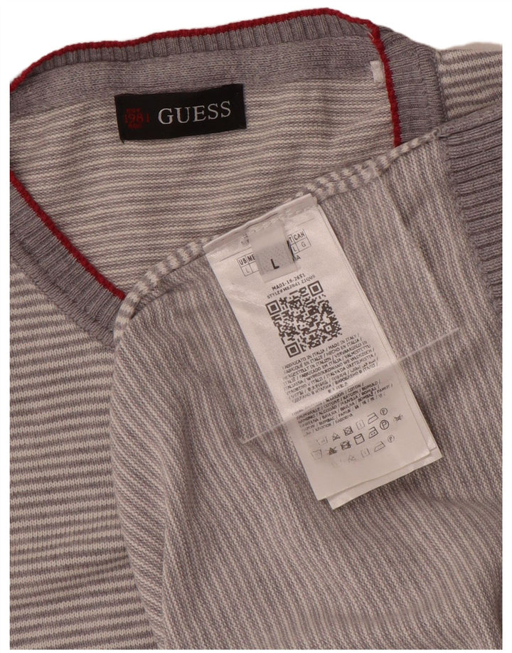 Guess Męski sweter z okrągłym dekoltem, duży, szary, bawełniany w paski