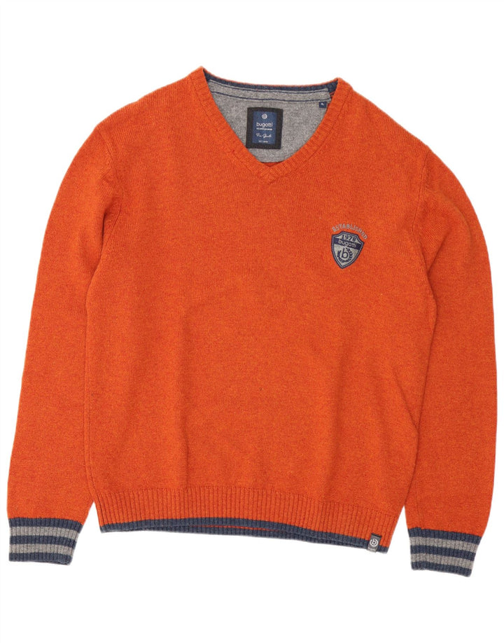 Bugatti Męski sweter z dekoltem w kształcie litery V, XL, Pomarańczowa wełna owcza