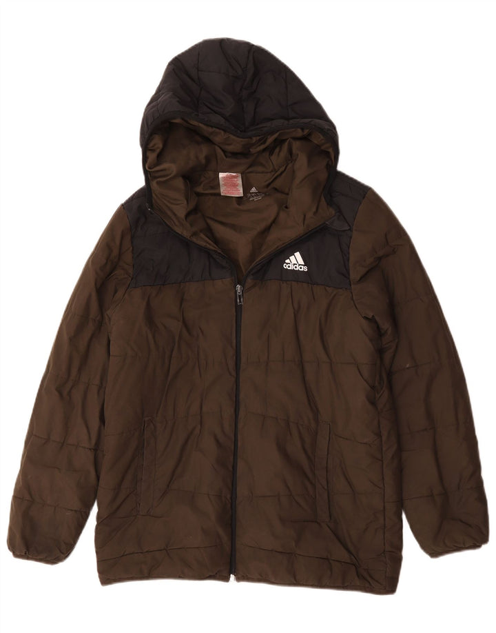 Chłopięca wyściełana kurtka z kapturem Adidas 13-14 lat Khaki, poliester z blokami kolorów