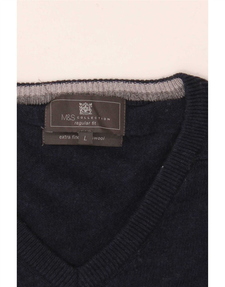Marks & Spencer Męski sweter o regularnym kroju z dekoltem w kształcie litery V, duży, granatowy