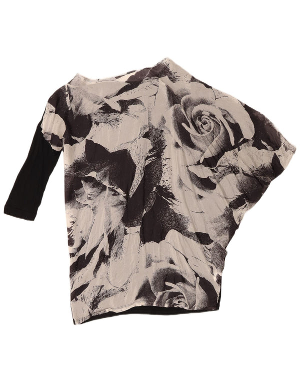 Benetton Womens Batwing One Shoulder Top UK 10 Small Black Floral Silk