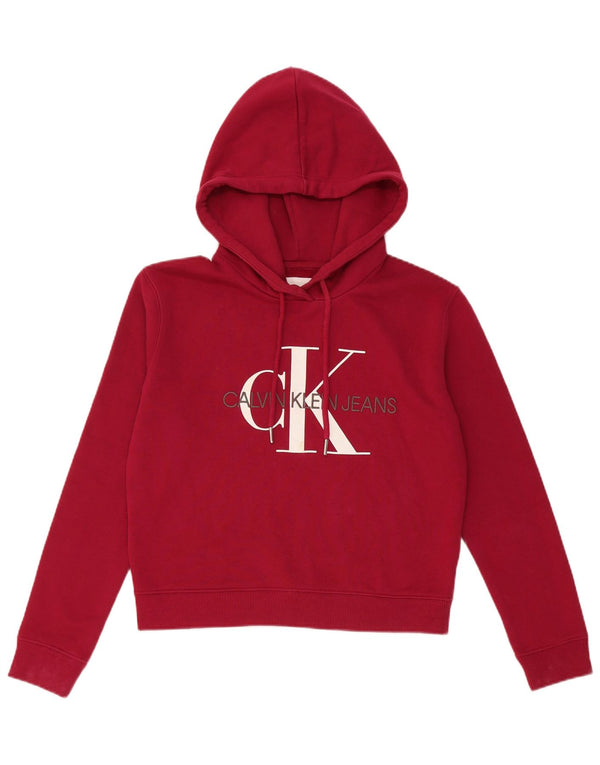 Calvin Klein Jeans Womens Crop Graphic Hoodie Jumper UK 10 Small Burgundy
