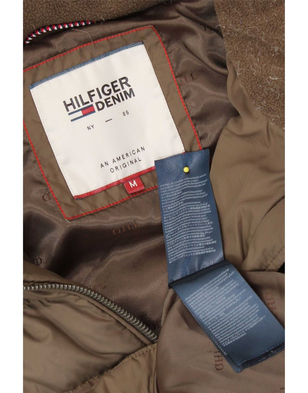Damski ocieplany płaszcz z kapturem Tommy Hilfiger UK 14, średni beżowy poliester