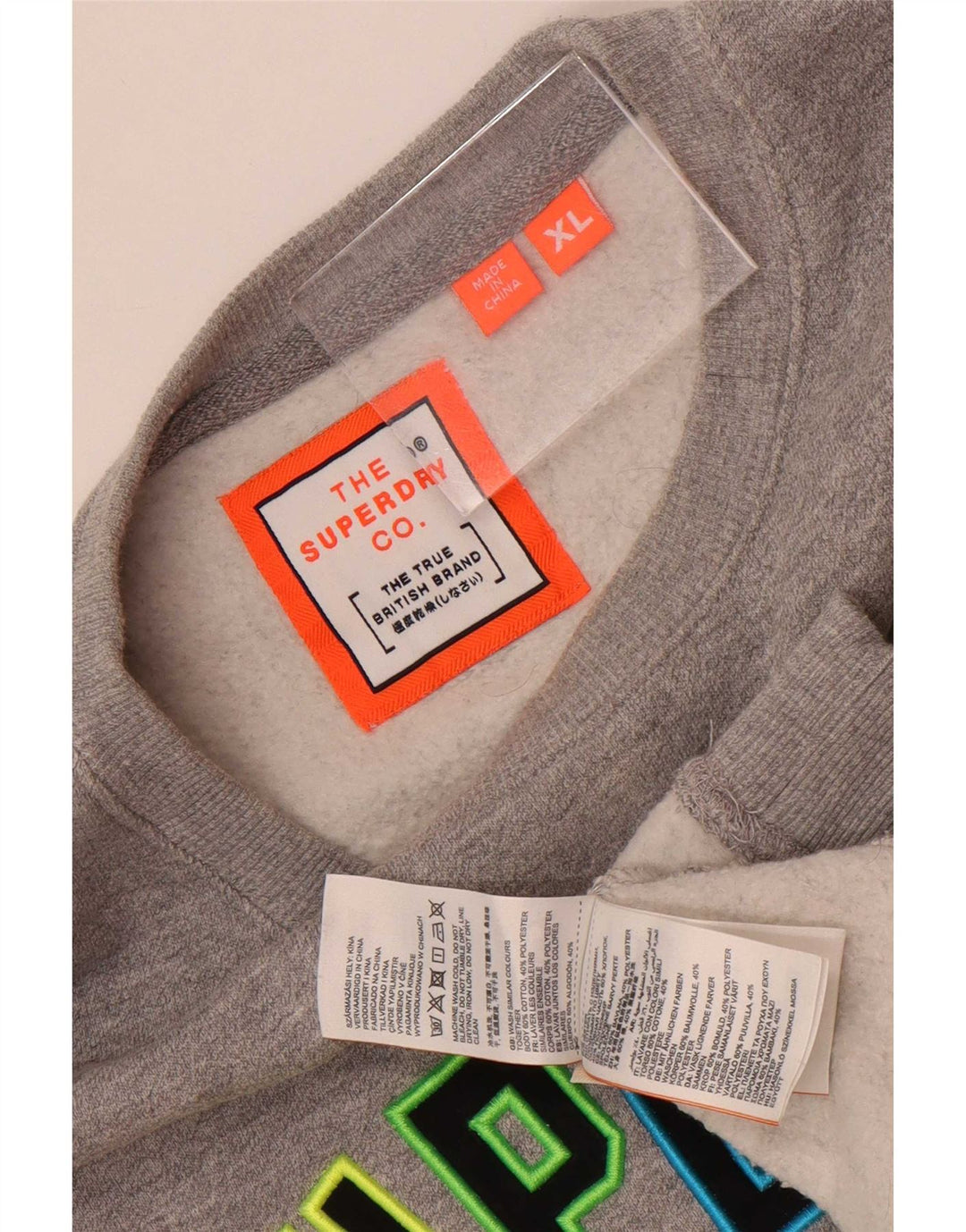 Męski sweter z grafiką Superdry XL, szary, bawełniany w cętki