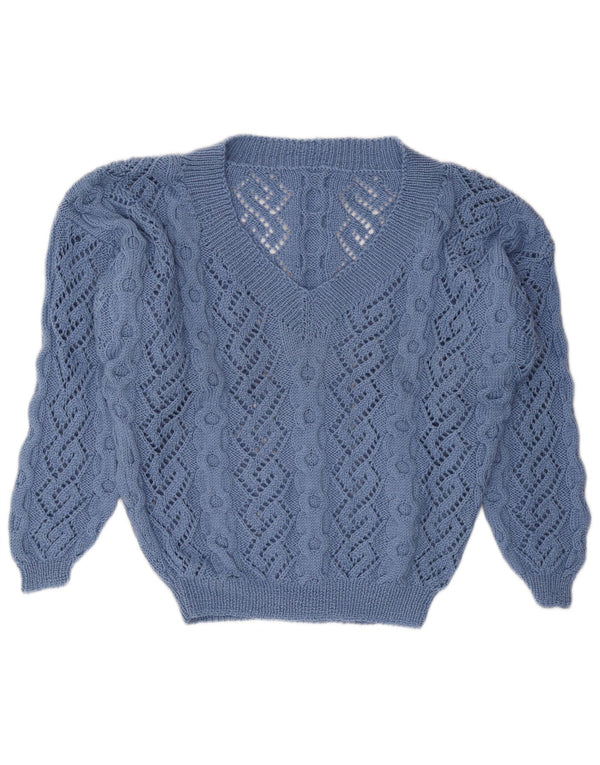 Sweter damski w stylu vintage z dekoltem w kształcie litery V, UK 16, duży niebieski