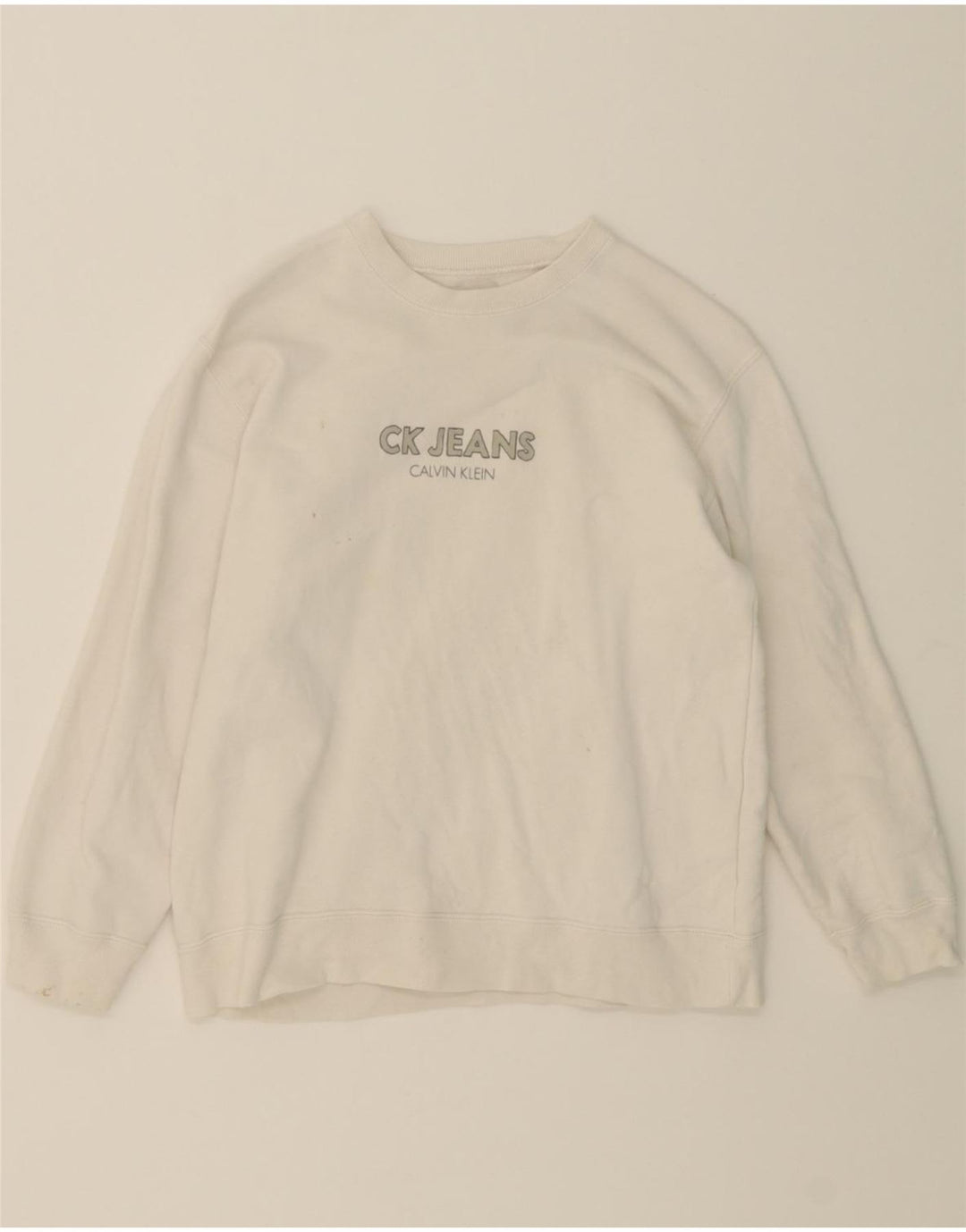 CALVIN KLEIN JEANS Boys Graphic Sweatshirt Jumper 11-12 Years White Vintage Calvin Klein Jeans and Second-Hand Calvin Klein Jeans from Messina Hembry 