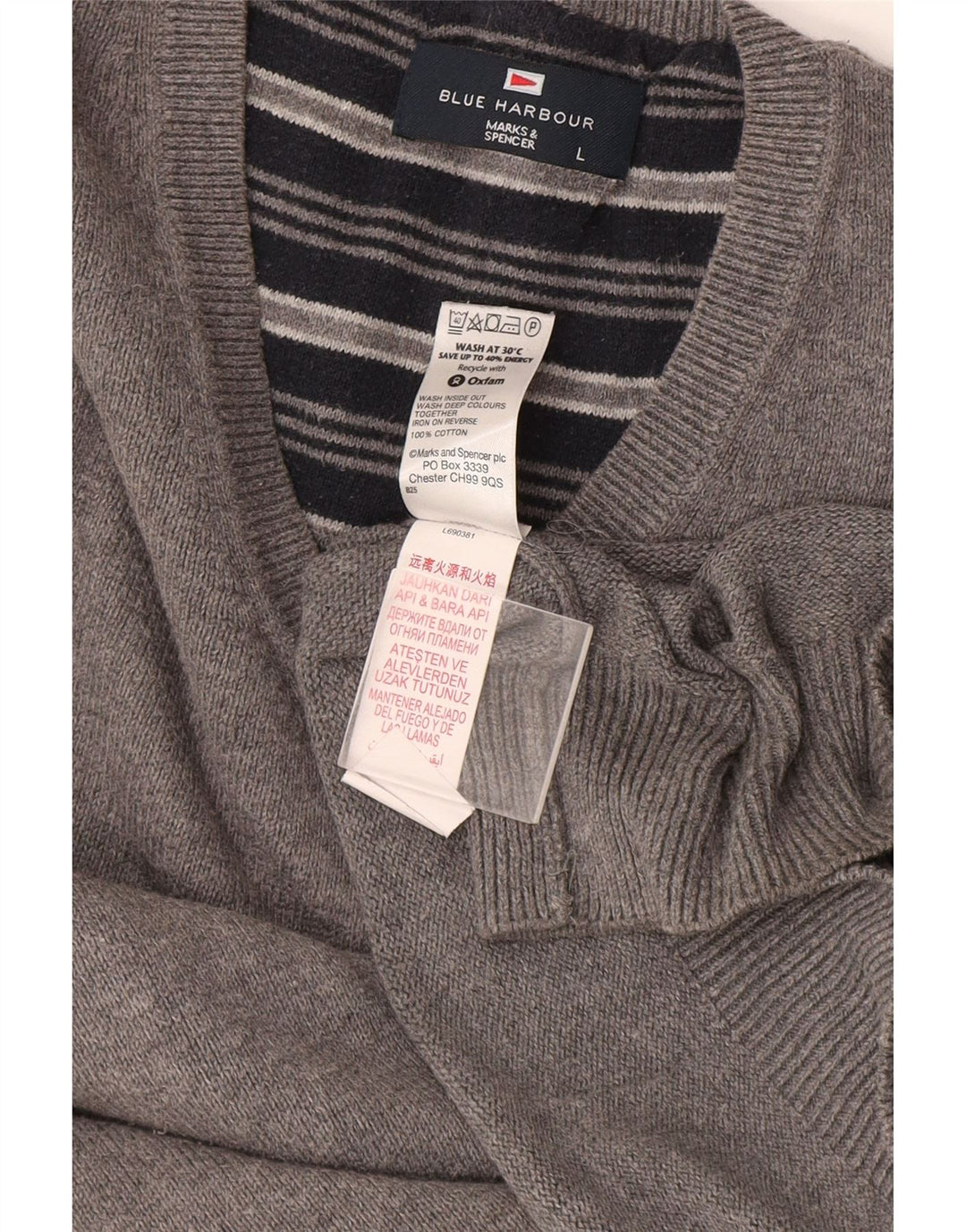 Marks & Spencer Męski sweter w kolorze niebieskim z dekoltem w kształcie litery V, duży, szary, bawełniany