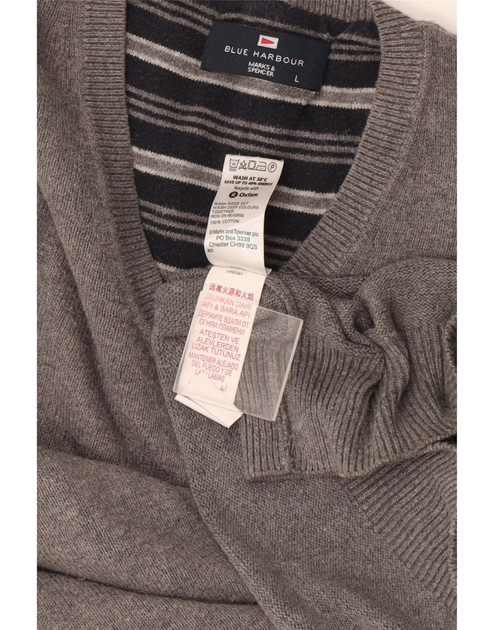 Marks & Spencer Męski sweter w kolorze niebieskim z dekoltem w kształcie litery V, duży, szary, bawełniany