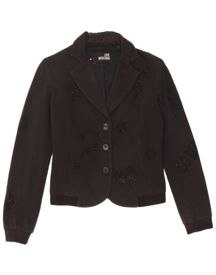 Damska marynarka Moschino Crop Graphic z 3 guzikami, UK 10, mała czarna