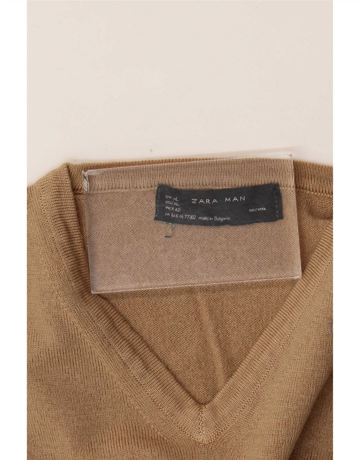 Męski sweter Zara z dekoltem w kształcie litery V, XL, brązowa wełna