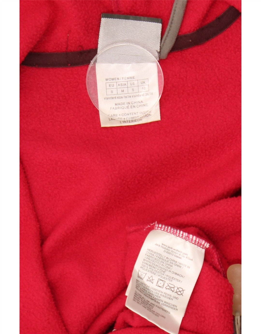 Damska kurtka polarowa z kapturem JACK WOLFSKIN z grafiką UK 10, mała czerwona