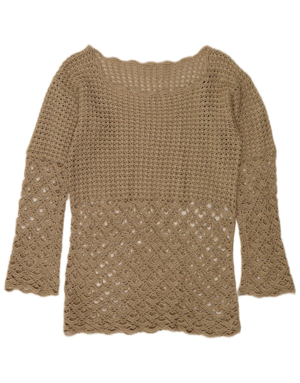 Vintage Womens Crochet Boat Neck Jumper Sweater UK 12 Medium Brown
