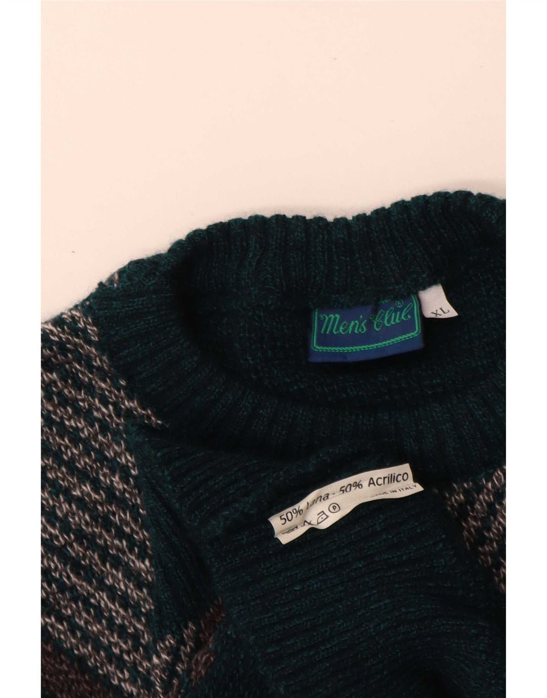 Vintage męski sweter z okrągłym dekoltem XL, zielony Argyle/diamentowa wełna
