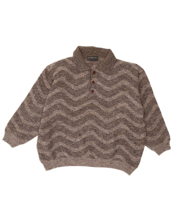 Vintage Mens Polo Neck Jumper Sweater UK 18 XL Grey Chevron