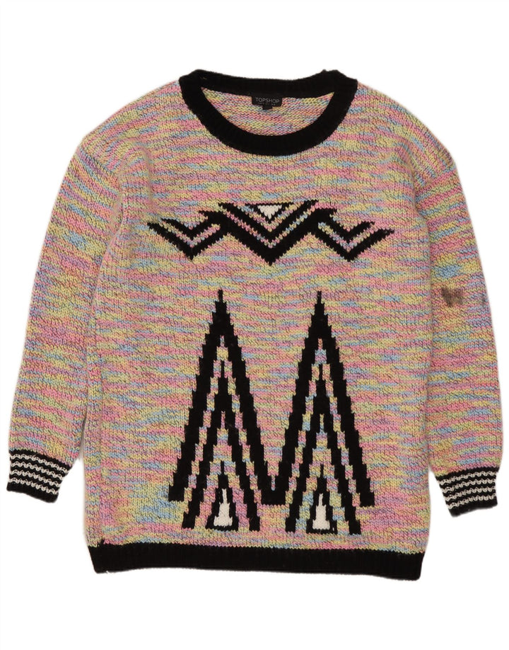 Damski sweter z dekoltem w łódkę Topshop UK 8, mały, wielokolorowy, geometryczny