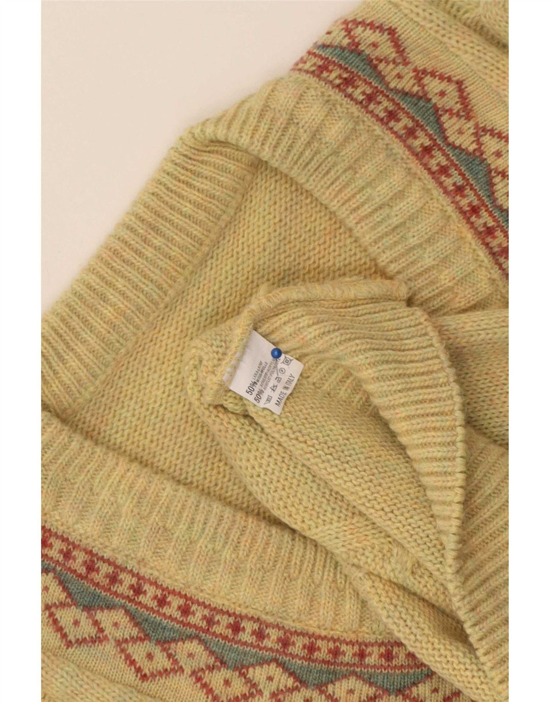 Sweter męski w stylu vintage z dekoltem w szpic, duży, żółty, geometryczny, wełniany