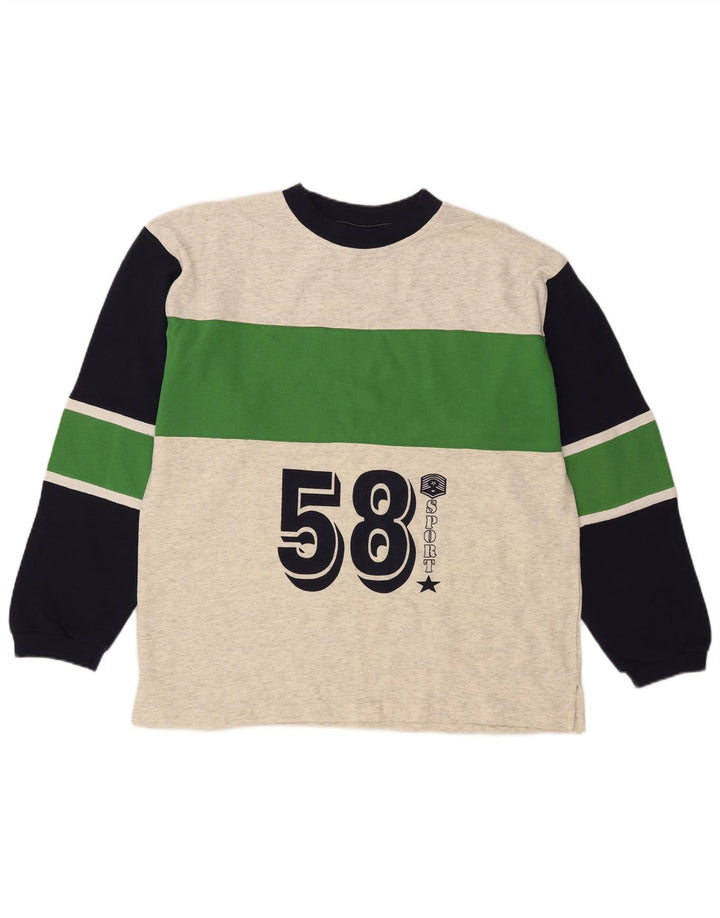 Męski graficzny top w stylu vintage z długim rękawem, duży szary blok kolorów