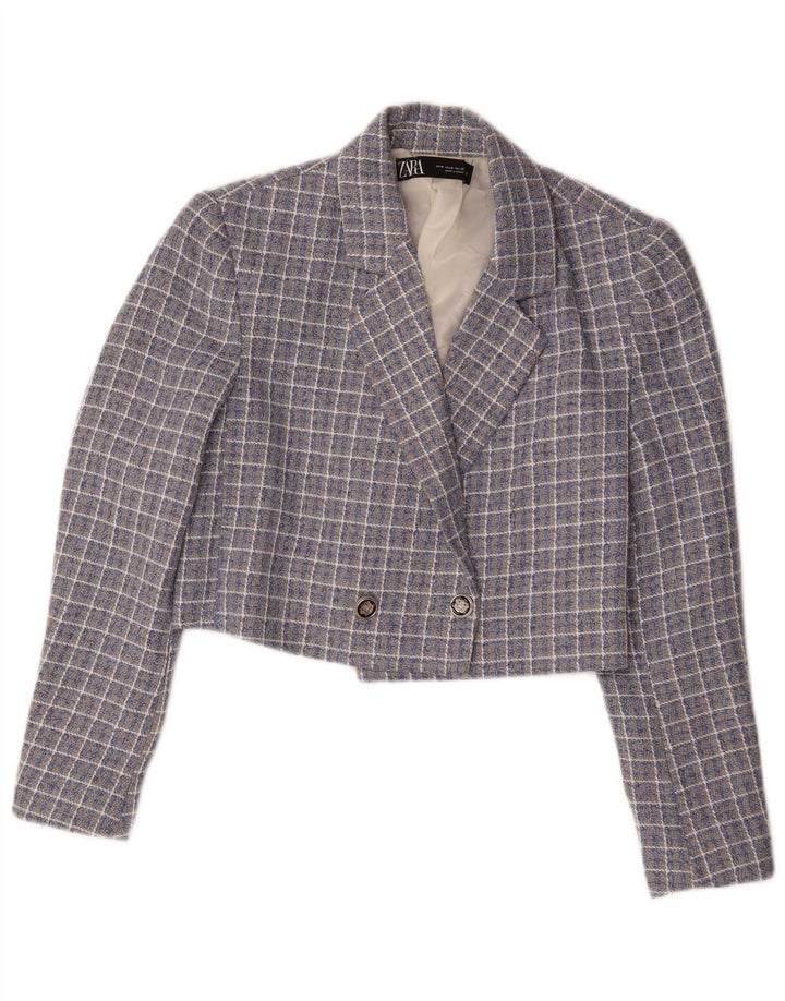 Damska marynarka Zara Crop Double Breasted Jacket UK 14 w średnią niebieską kratkę