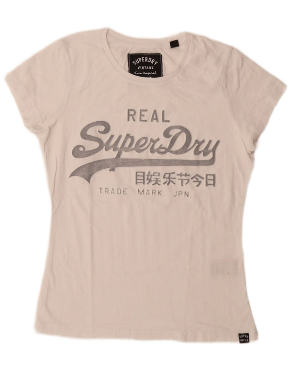 Damska koszulka z grafiką Superdry Top UK 10, mała, biała, bawełniana