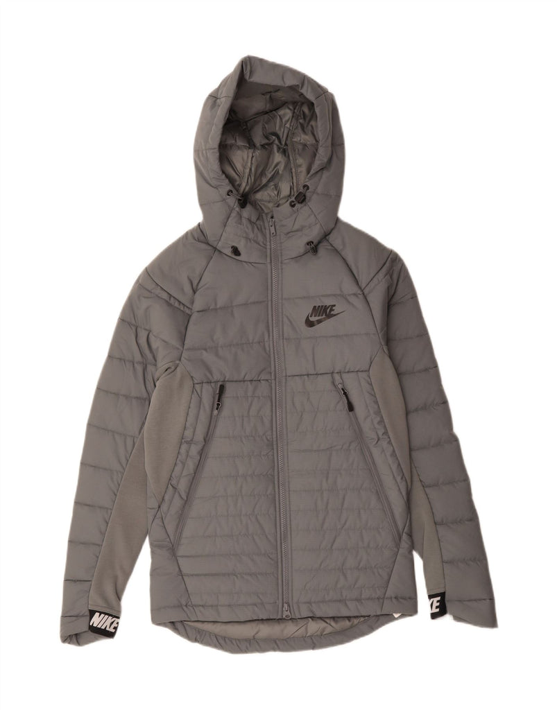 NIKE Womens Graphic Hooded Padded Jacket UK 6 XS Grey Cotton Vintage Nike and Second-Hand Nike from Messina Hembry 