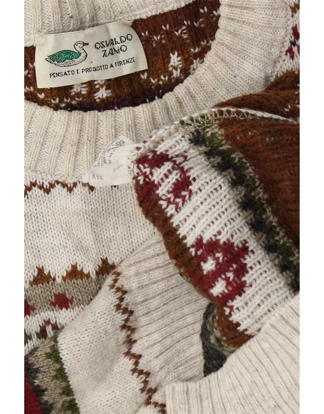 Vintage męski sweter z okrągłym dekoltem, duży, złamanej białej geometrycznej wełny