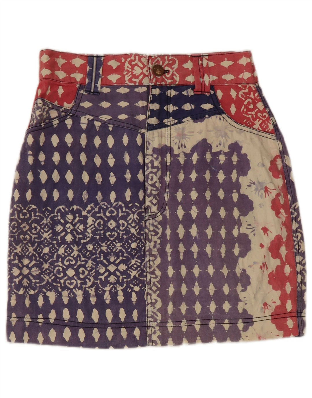 Vintage damska spódnica ołówkowa z abstrakcyjnym wzorem, duża, niebieska bawełna W28