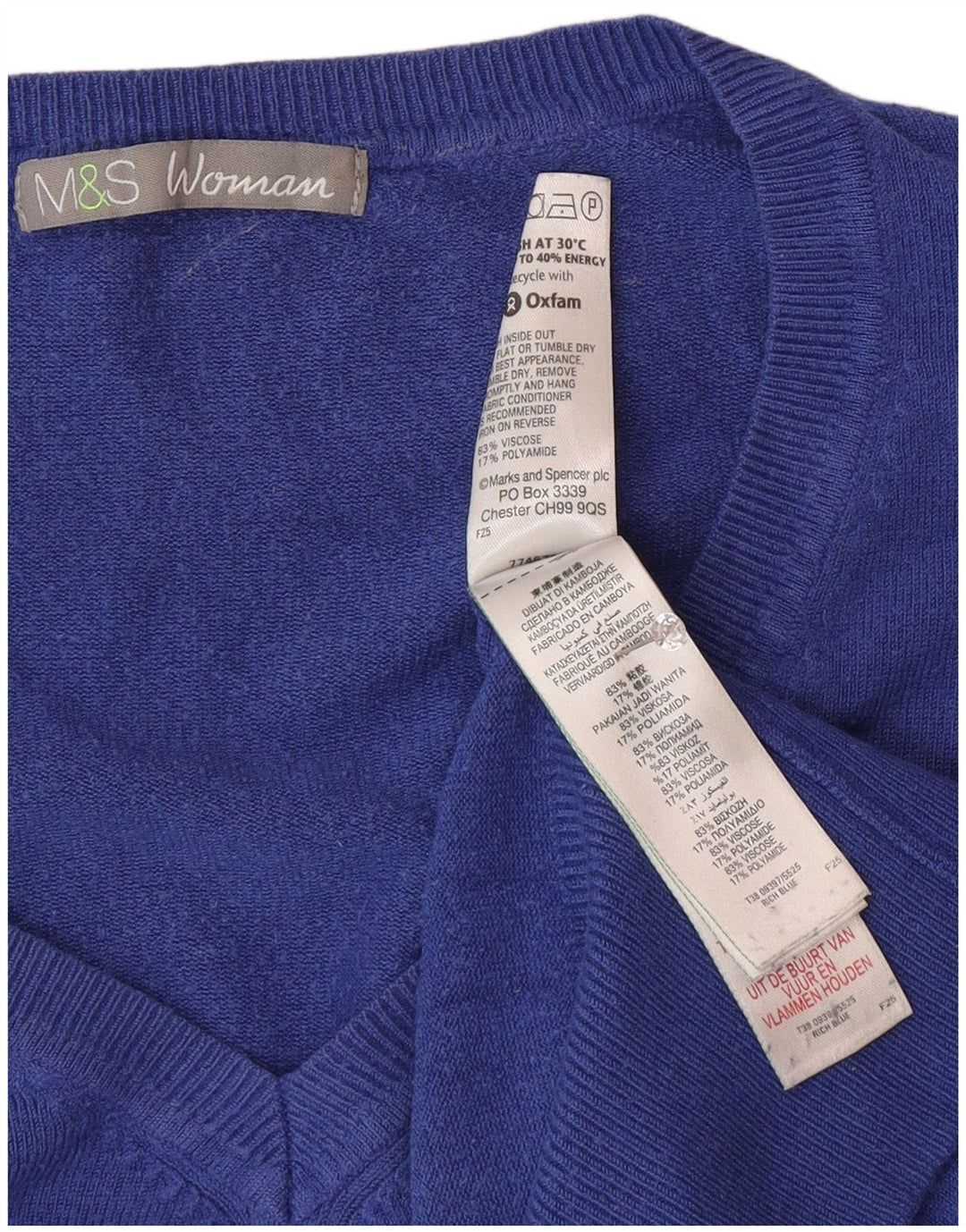 Marks & Spencer Damski sweter z dekoltem w kształcie litery V, UK 16, duży, niebieski poliamid