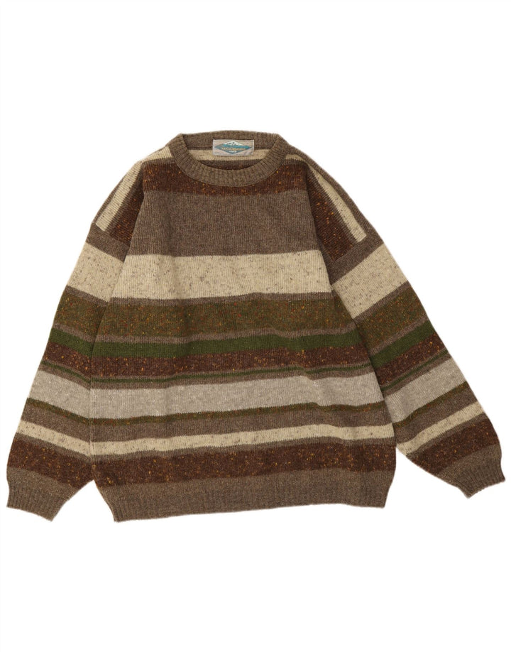 Męski sweter w stylu vintage z okrągłym dekoltem, wełniany khaki w paski