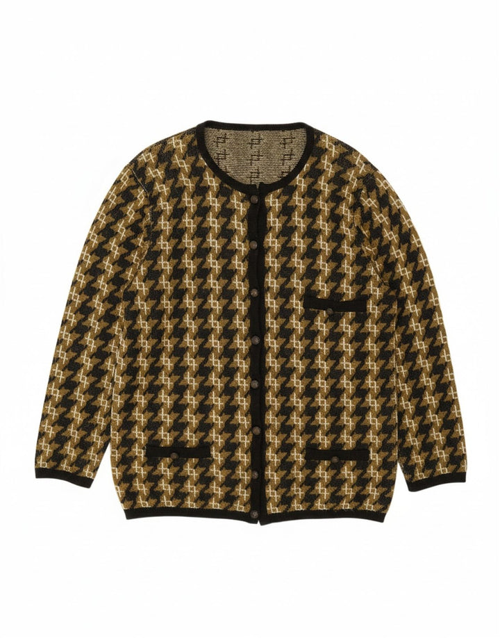 VINTAGE Womens Oversized Cardigan Sweater UK 14 Medium Khaki Houndstooth